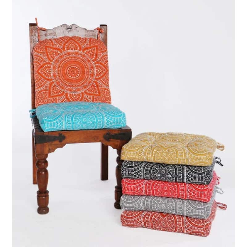 Handmade Cotton Chair Pads Cushion 19''x19'' - 3'' Thick | Chair Pads with Ties for Armchairs/ Dining / Rocking Chair (SET OF 2)