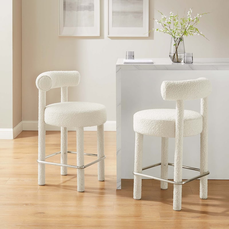 Toulouse Boucle Fabric Counter Stool - Set of 2 - Ivory - Silver