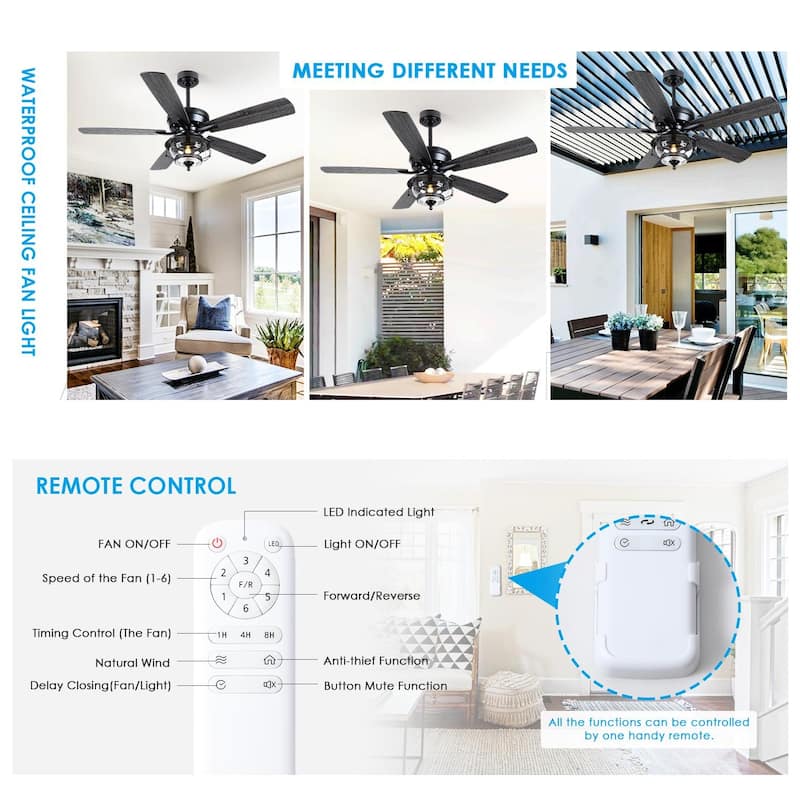 52 Inch Indoor and Outdoor Farmhouse Ceiling Fan with Light DC motor Wooden Blades Waterproof