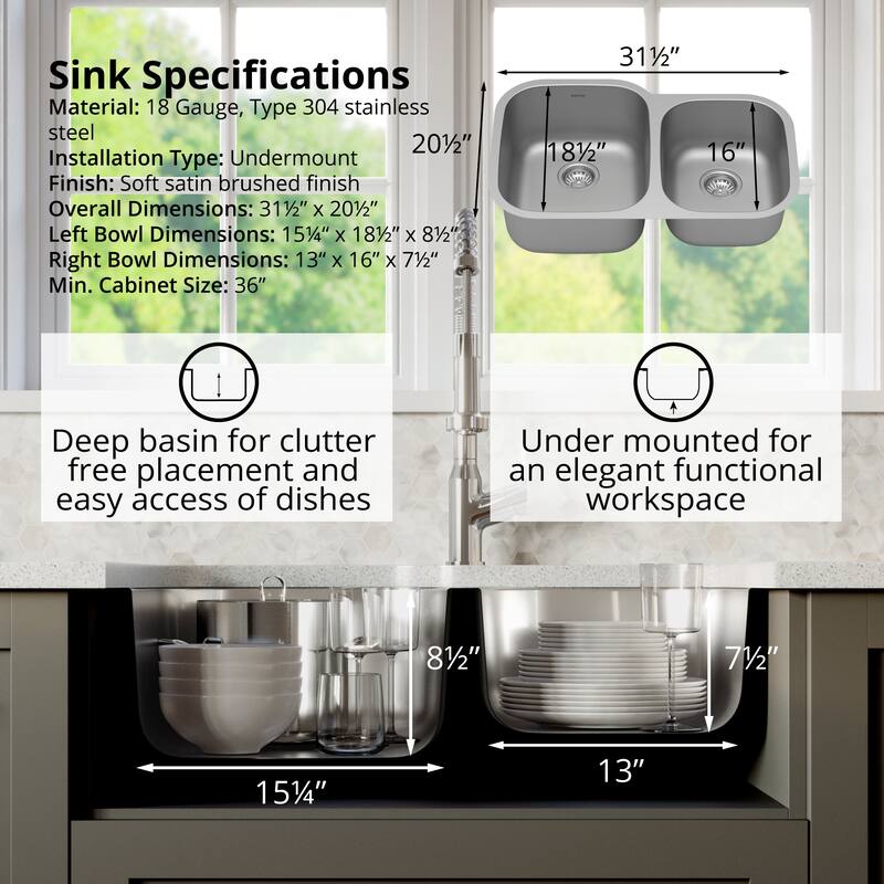 Karran 32" Undermount 18-Gauge Stainless Steel 60/40 Double Bowl Kitchen Sink Kit