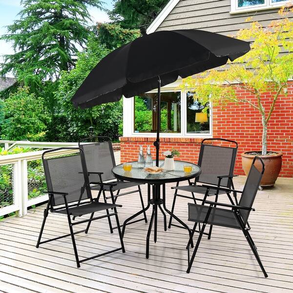 6 piece folding patio dining set with umbrella 6 PCS Patio Dining Set Folding Chairs Glass Table Tilt Umbrella