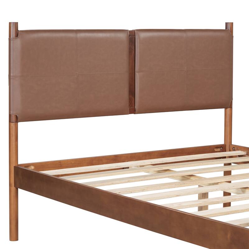 Solid Pine Platform Bed Frame, Faux Leather Upholstered Bed with Ergonomic Backrest, Wooden Slat Support