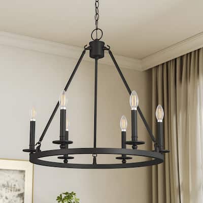 6-Light Farmhouse Black Wagon Wheel Chandelier with Adjustable Height