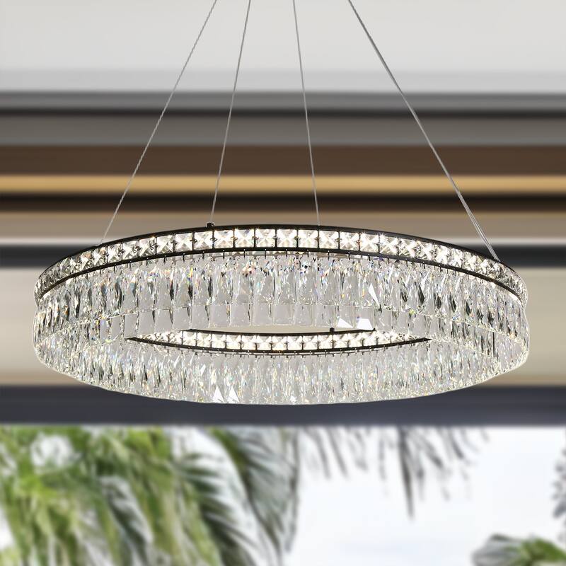 Modern Minimalist LED Wheel Chandelier Drum Black Dining Room Pendant Lights With Crystal - W 33.5" x H 5.9"