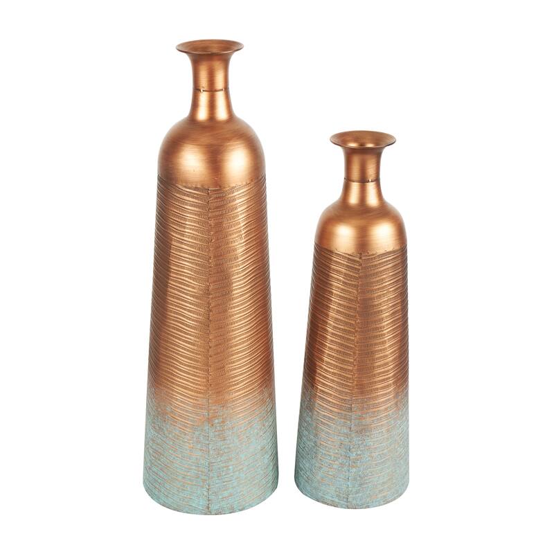 Metal Ribbed Textured Vase with Distressed Teal Accents - Set of 2 Copper - Roche River Decor - 9"W x 9"L x 29"H