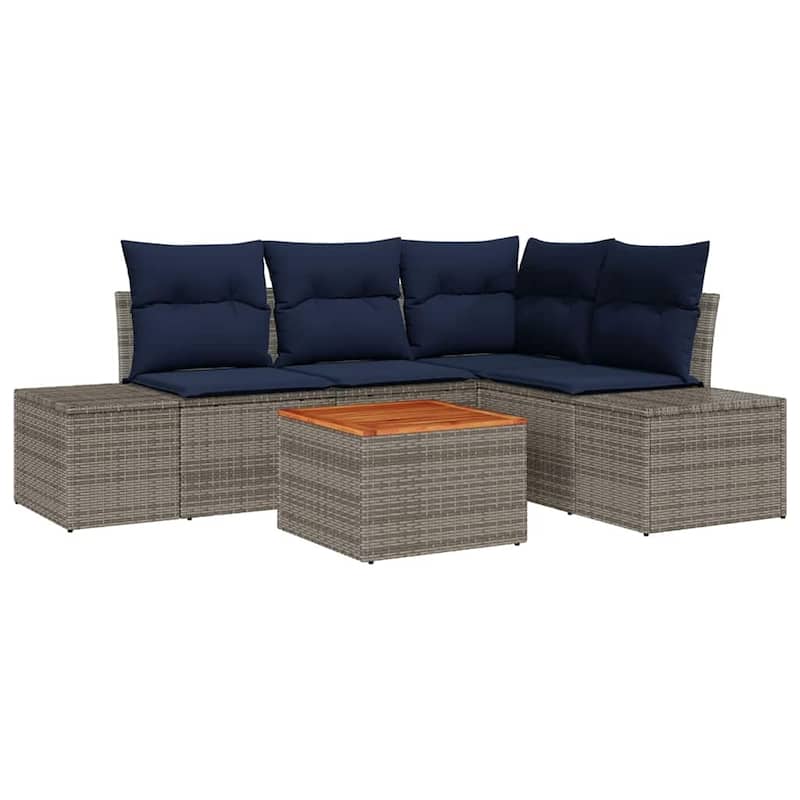 vidaXL 5 Garden Sofa Set with Cushions Black/Grey Poly Rattan - 82.3 x 60.6 x 27.2