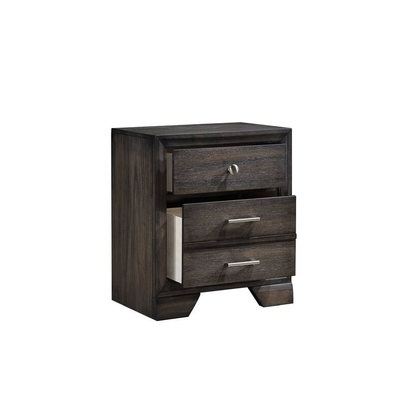 1pc Contemporary Dark Wood Grain Finish Metal Knobs Two-Drawers Nightstand Wooden Gray