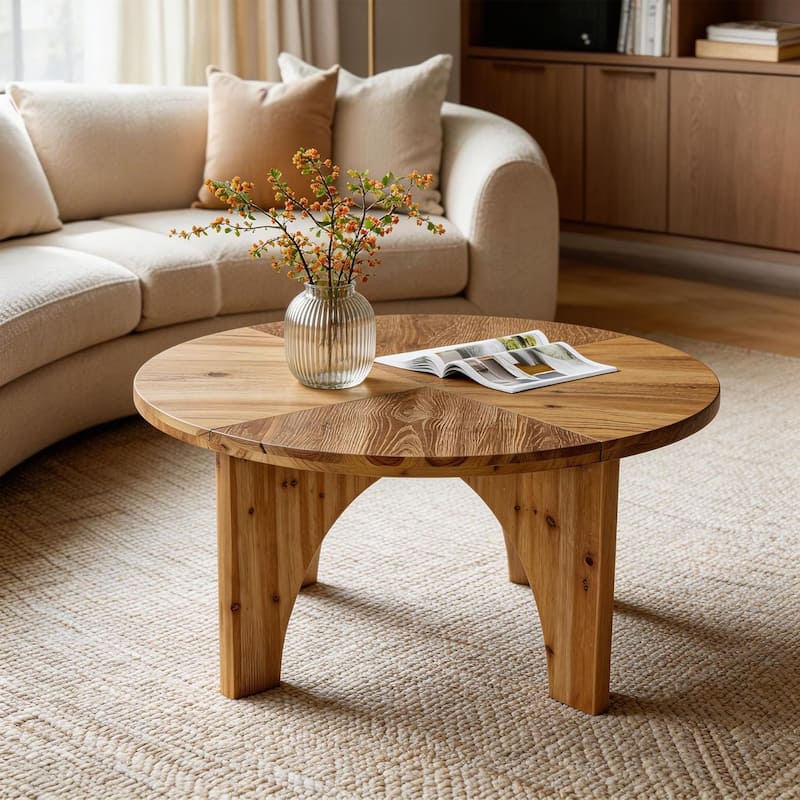 Solid End Table for Living Room, 23.6" Wood Side Table with Trapezoid Base - 31.49" L x 31.49" W x 19.68" H - Natural Wood