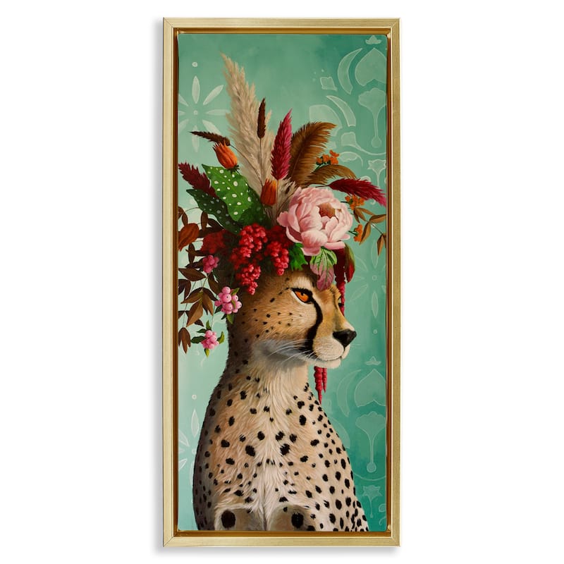 Stupell Elegant Leopard with Flower Arrangement Framed Floater Canvas Wall Art Design By Heather Gauthier - 15 x 31 - Gold