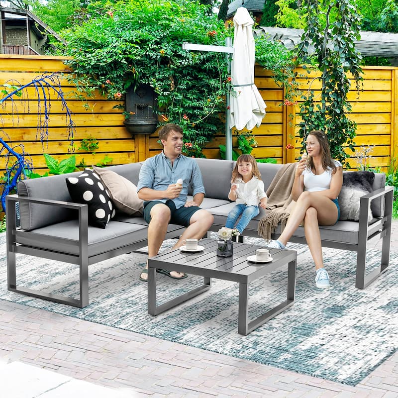 Costway 4PCS Patio Furniture Set Aluminum Frame Loveseat Coffee Table - See Details - Grey - See Details