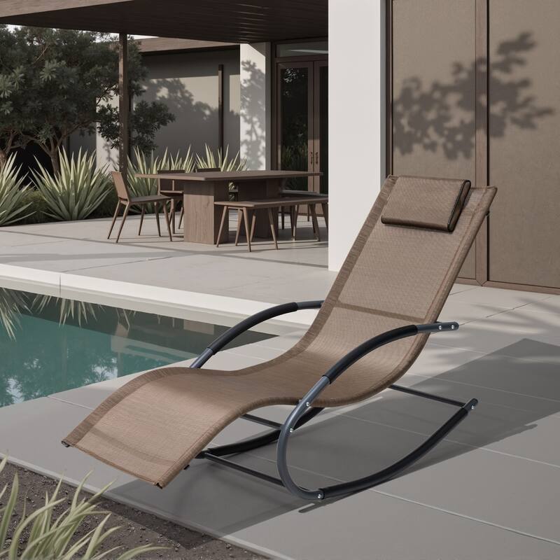 Outdoor Patio Rocking Chair Curved Rocker Chaise Lounge Chair with Pillow - 57.87" L x 24.70" W x 35.43" H - Brown