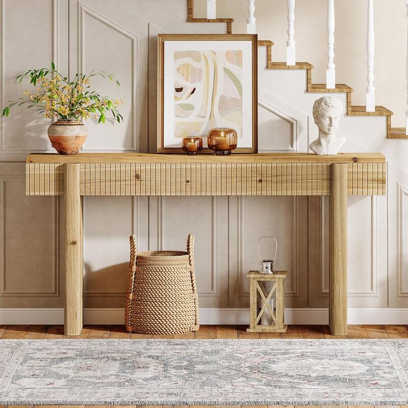 55 Inch Solid Wood Entryway Console Table with Grooves Detail