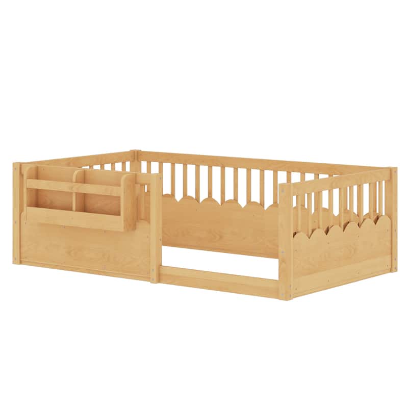 Montessori Floor Bed Kids Bed Frame with Heightened Fence and Bookshelf, Wavy Decoration Wood Platform Bed, No Slats Design