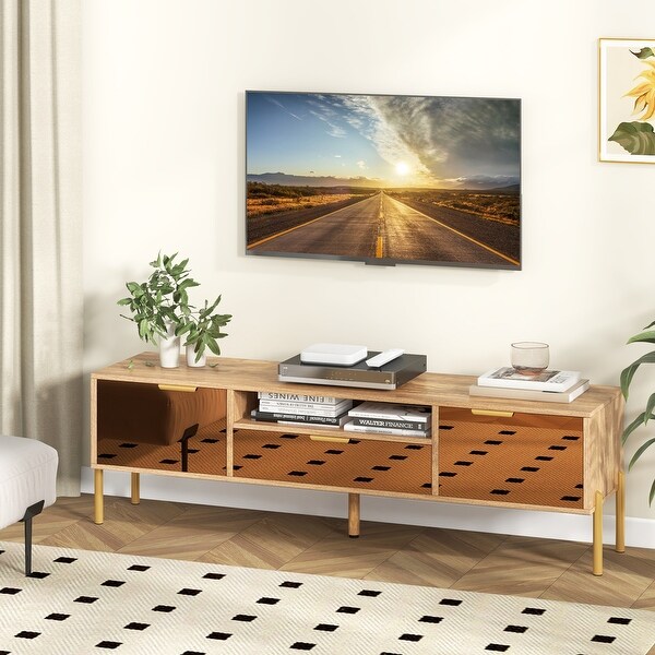 Natural Mirrored TV Stand for TV up to 65 Inch with Spacious Tabletop and 2 Storage Cabinets 58 x 15 x 18 Bed Bath Beyond 41699994
