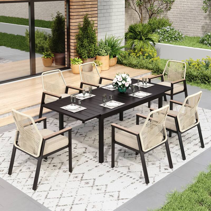 MAISON ARTS 7/9 Pieces Patio Dining Set with Extendable Table and Cushioned Woven Rattan Dining Chairs - 7PC - Fixed Chair
