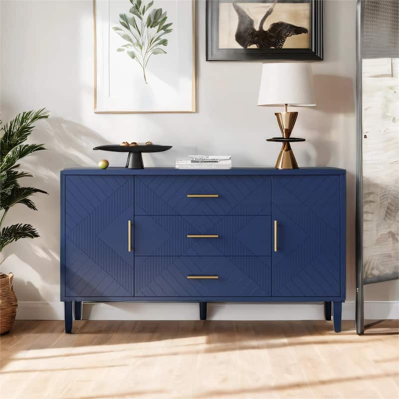 Stylish and Functional 2-Door 3-Drawer Cabinet with Carved Effect - Navy Blue