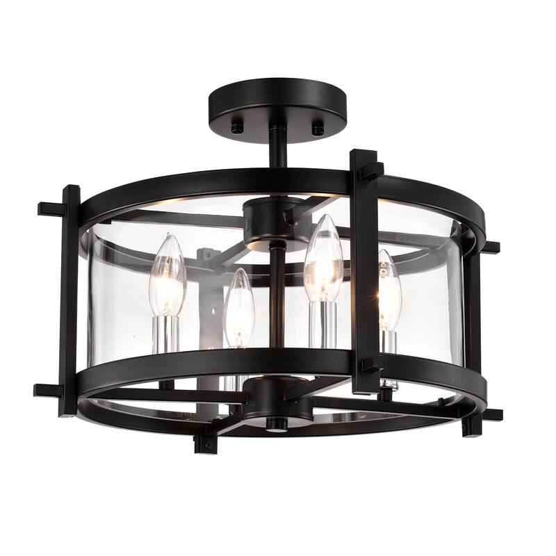 Sania Matte Black 4-Light Caged Clear Glass Shade Semi-Flush Mount
