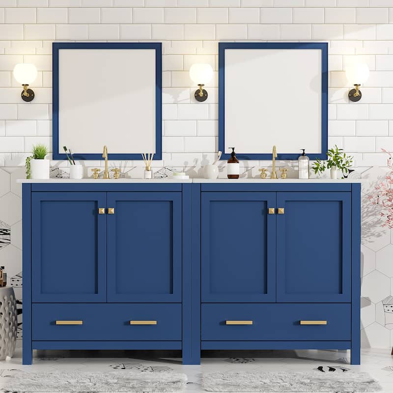 GDFStudio - Aurora Wood Bathroom Vanity Set with Ceramic Sink and Divided Drawers - 60" - Blue