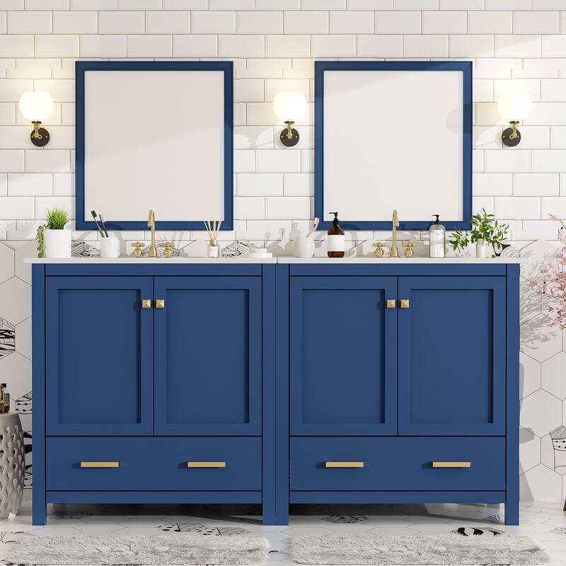 Roomfitters Modern 60" Double Bathroom Vanity Set with Ceramic Sinks, Storage Shelves and Divided Drawers - Blue