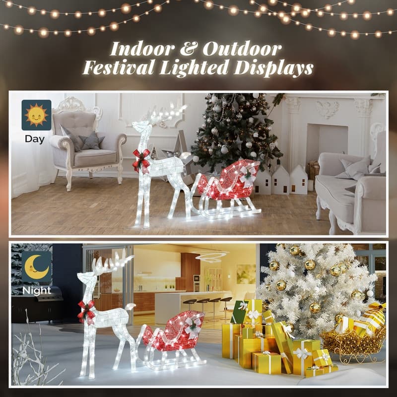 4ft Christmas Reindeer & Sleigh Outdoor Yard Decoration Set with LED Lights