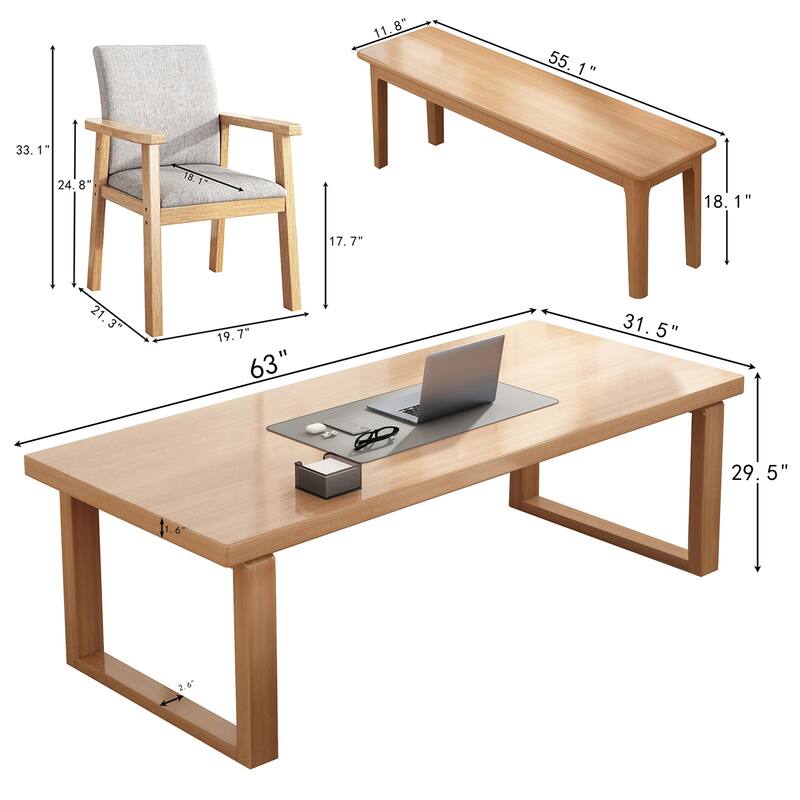 3 Piece Dining Table Set, Includes 1 Table, Upholstered Chair & Bench, Natural Wood