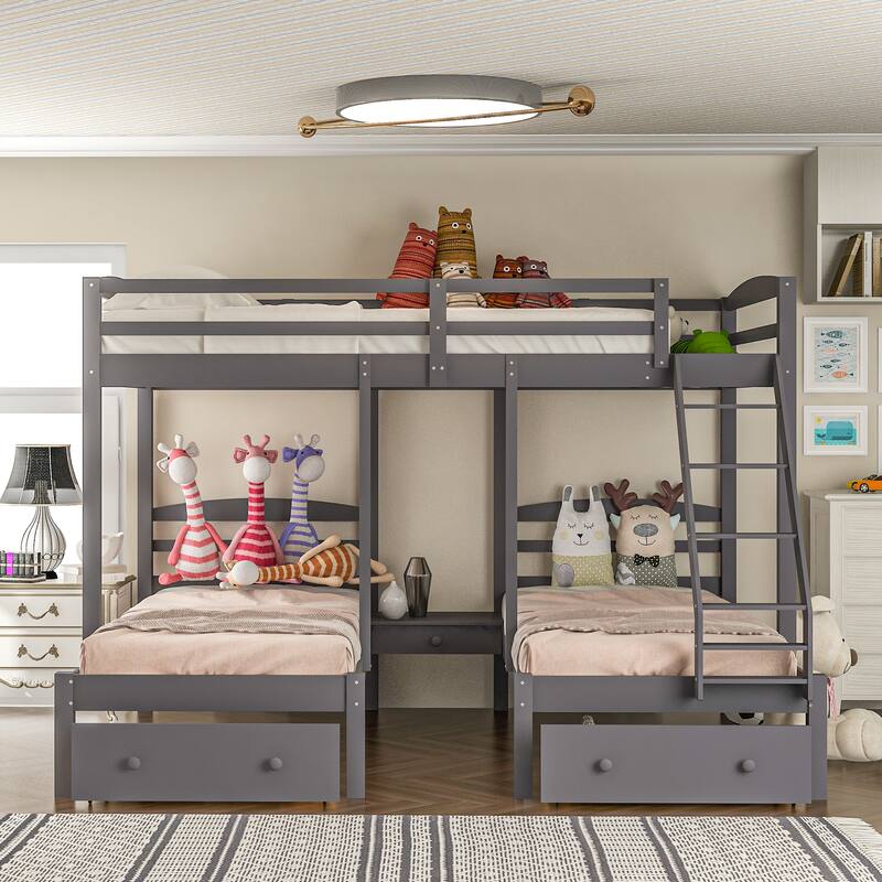 Space-Saving Triple Bunk Bed with Drawers, Full Over Twin & Twin, Gray