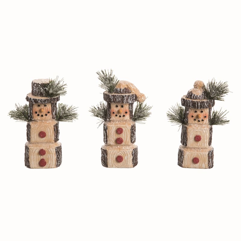 Transpac Small Resin Snowy Wooden Snowman Set of 3 Christmas Home Decorations - Mutlicolor