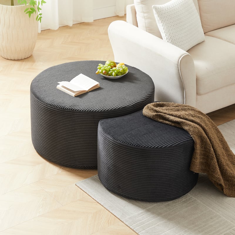 Nesting Coffee Table Set Of 2,Upholstered,Foam Round Coffee Table Side Table End Table Ottoman, No Assembly - Black