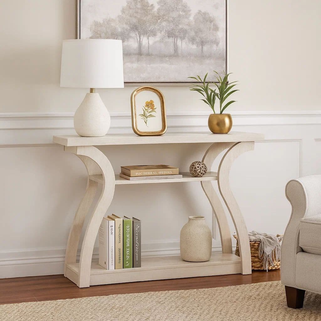 Rectangular Top Wooden Frame Console Table with 2 Bottom Shelves, Off White