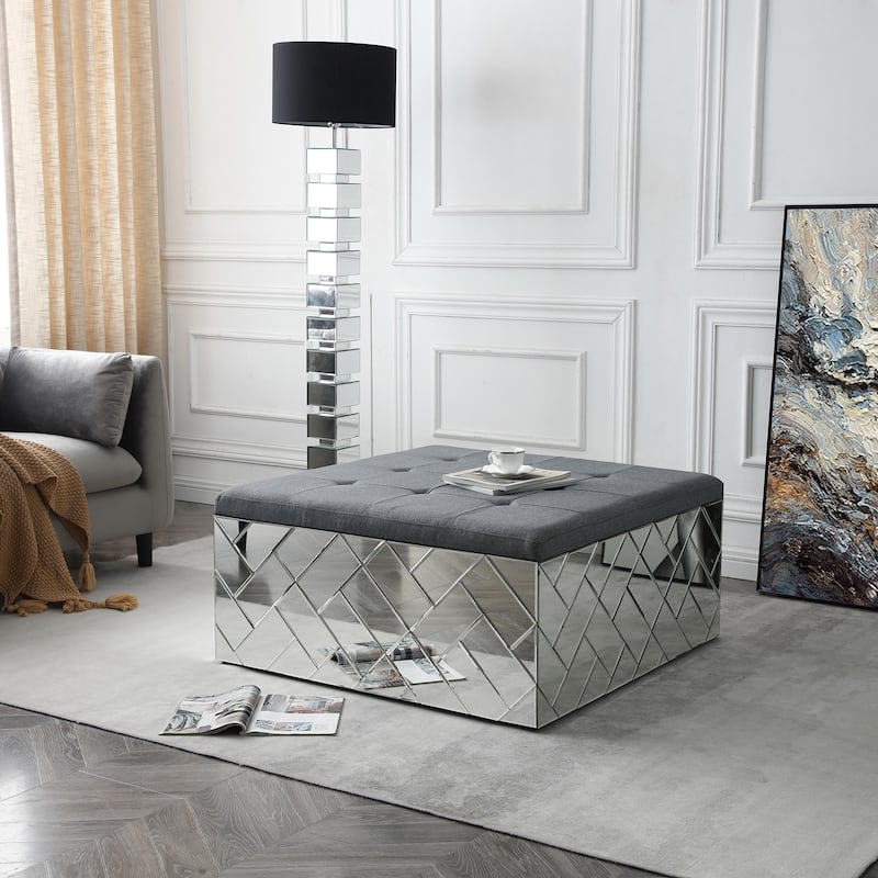 Decor 39 in. Silver Square Dark Gray Fabric Top Coffee Table