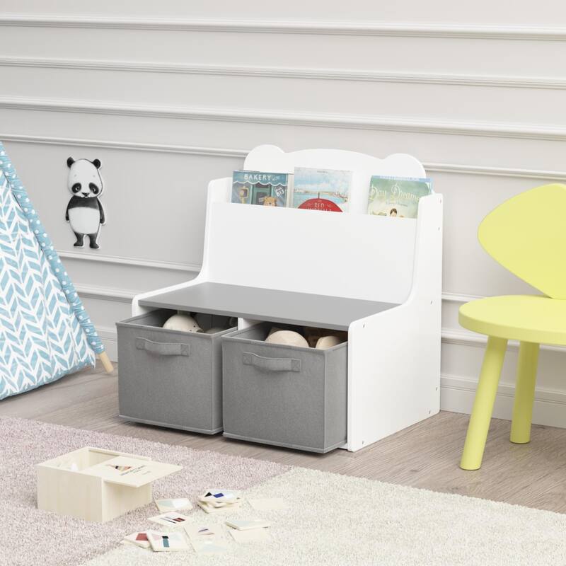 Kids Bookshelf with 2 Fabric Storage Bins-Wooden Bookcase with Book Display Shelf,Cute Bear-Shaped Backboard,Toy Organizer