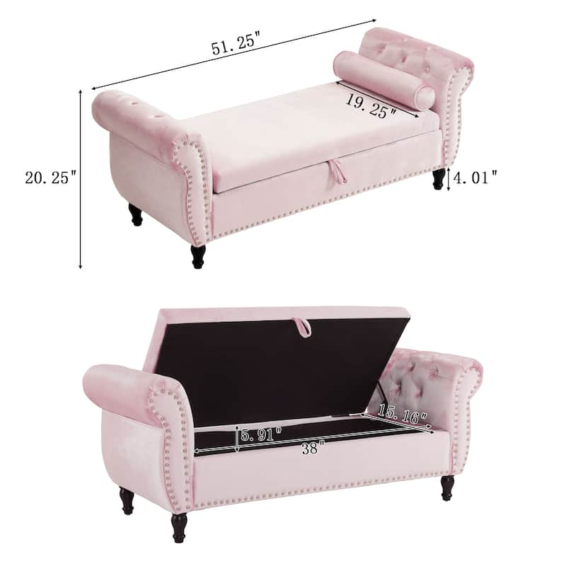 51.25" Velvet Storage Ottoman Bench with Rolled Arms and Wood Legs