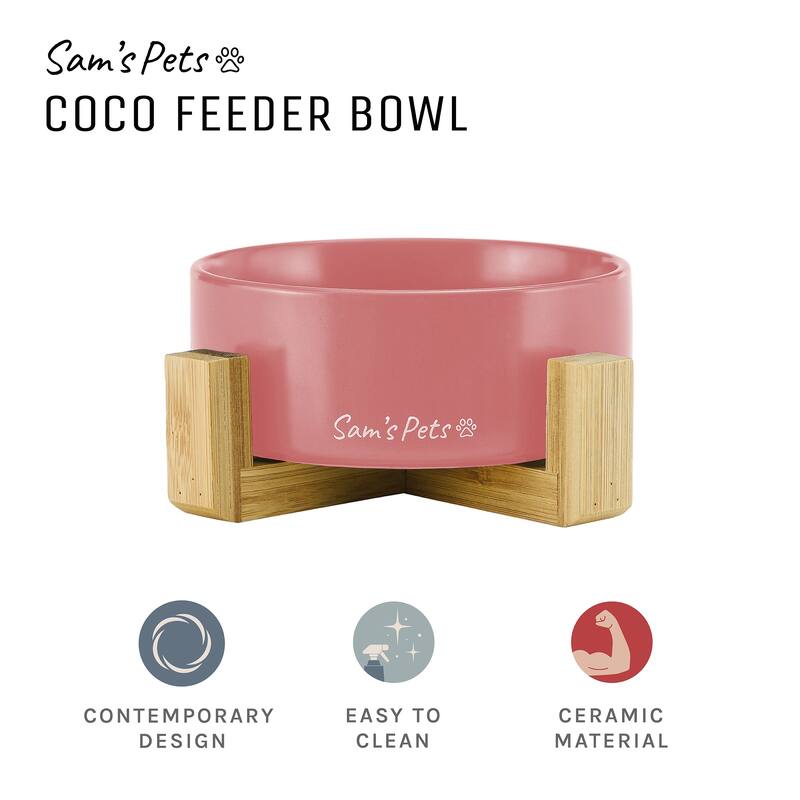 Coco Single Pet Bowl with Wood Stand 5.11'' in Pink - 6.3