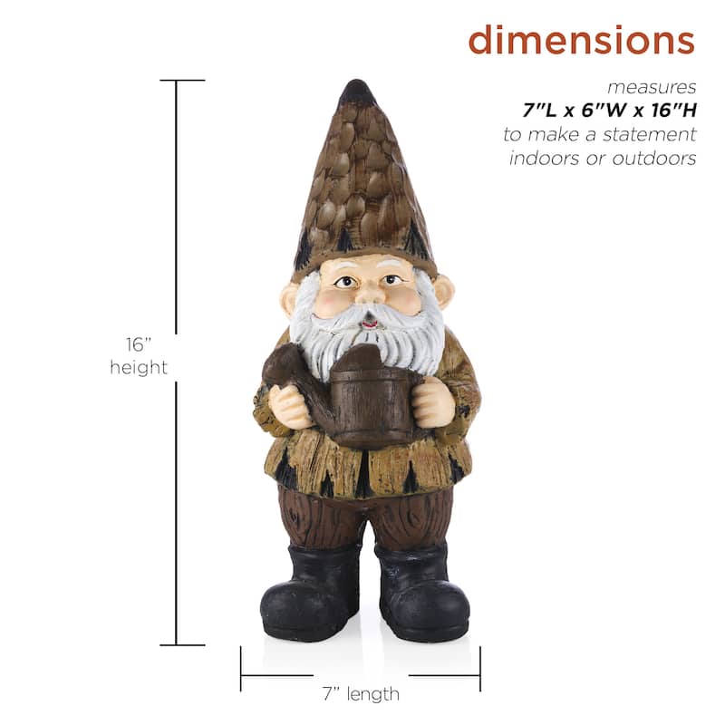 Alpine Corporation 16"H Indoor/Outdoor Garden Gnome with Watering Can Statue, Brown