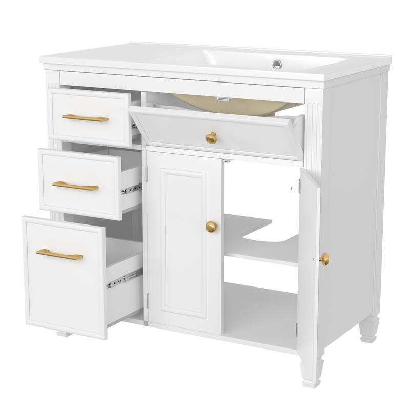 36" Bathroom Vanity with Sink, Ceramic Sink, One Tip-out Drawer, 3 Side Drawers, Adjustable Shelf