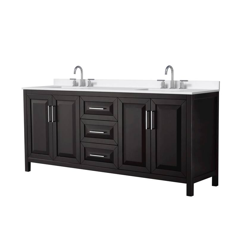 Daria 80-inch Double Vanity, 3 Hole Quartz Top - Dark Espresso, Chrome Trim, White Quartz Top