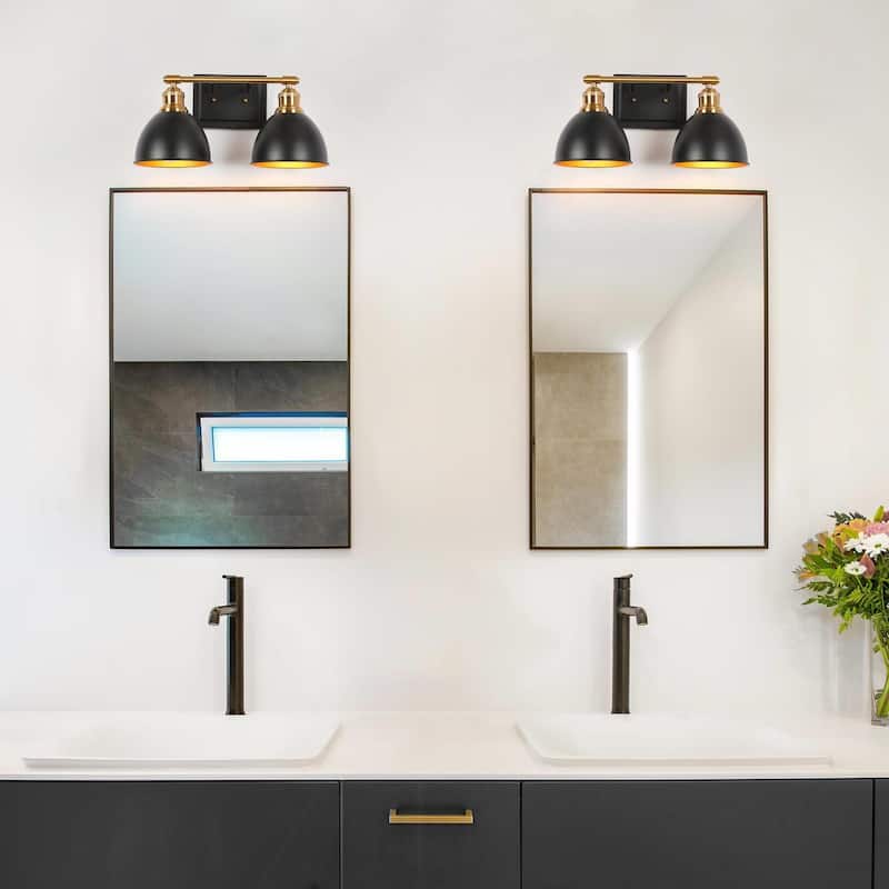 Tetty Black Brass 2-Light Bathroom Vanity Light Modern Industrial Metal Wall Sconces - 15.5'' L x 8.5'' W x 8.5'' H