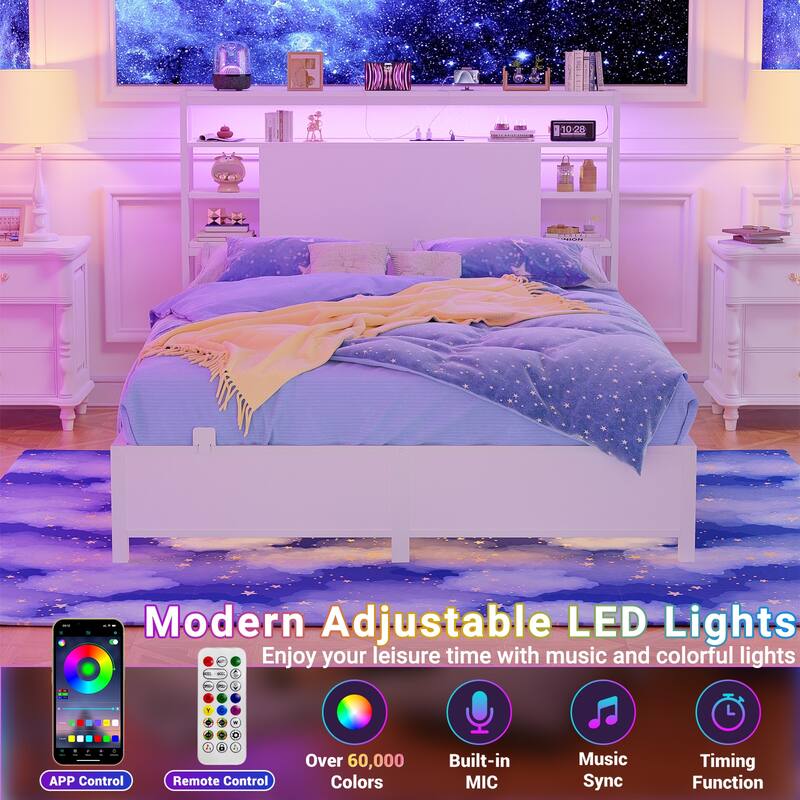 Headboards with Storage Shelves, Head Board with Power Outlet and LED Light for Bed Frame
