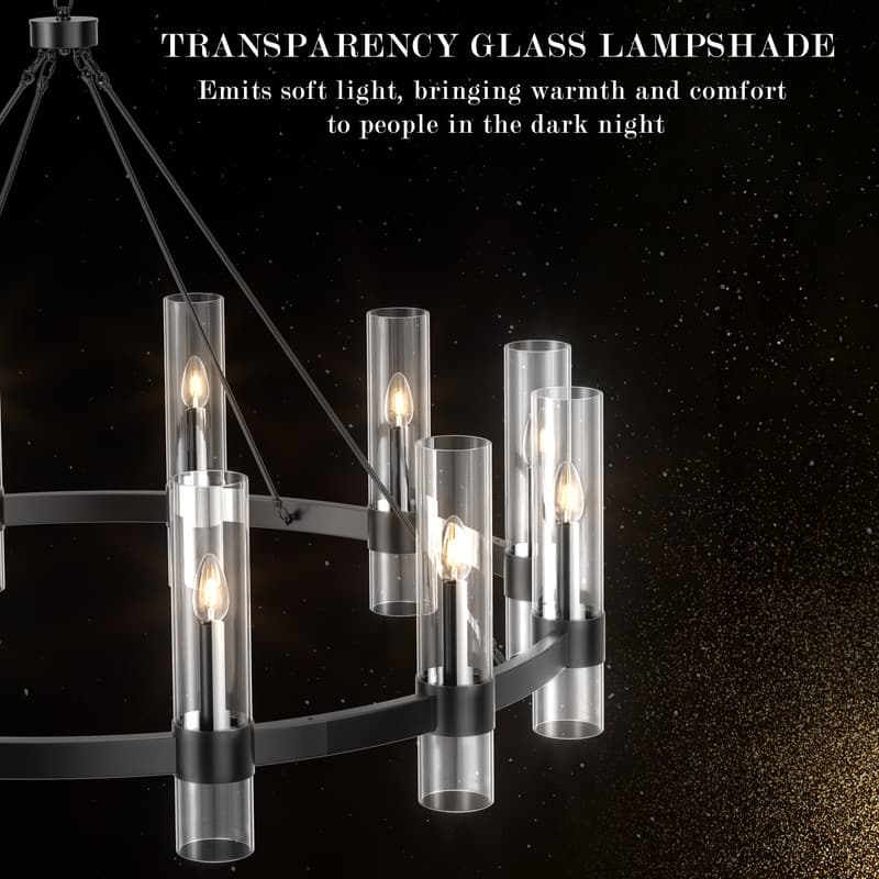 Black Wagon Wheel Chandelier with Glass Shades Adjustable Farmhouse Pendant Light for High Ceilings