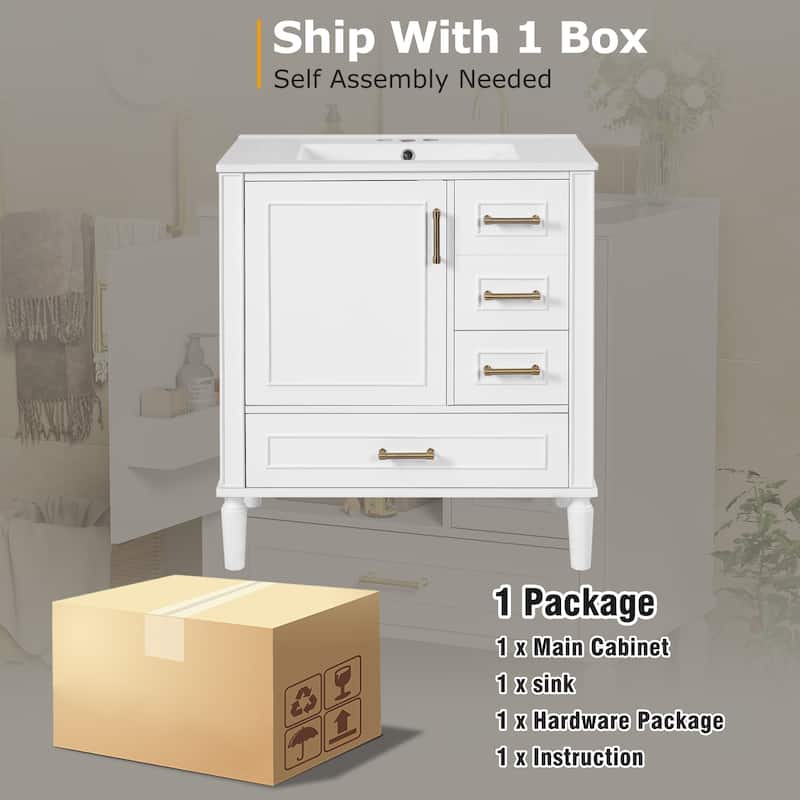30" Bathroom Vanity with Ceramic Sink Combo, Soft-Close Door Bathroom Storage Cabinet with 3 Drawers