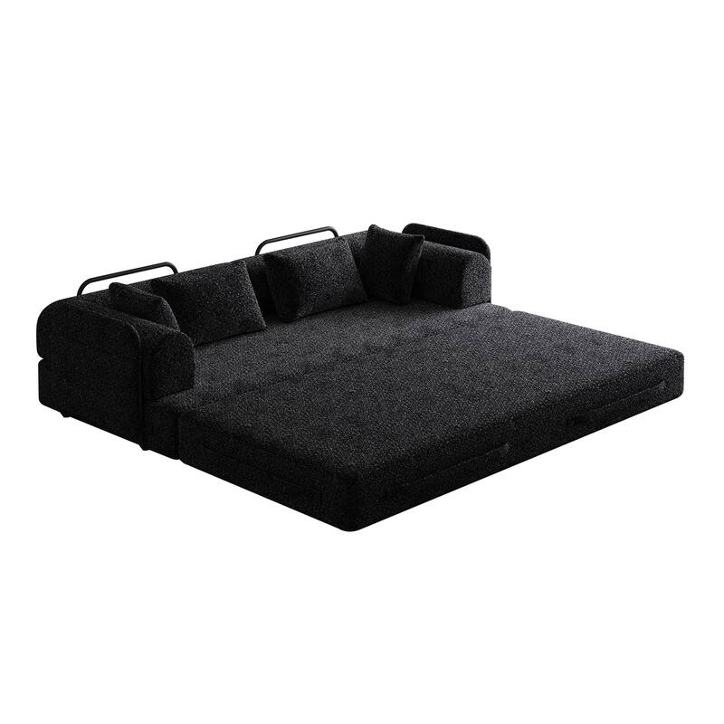 Chenille Floor Lounge Couch Convertible Sleeper Sofa Bed Folding Mattress with Cylindrical Pillow, Side Pocke and Metal Frame