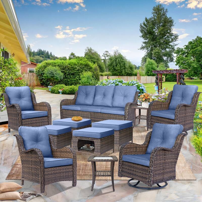 Rattan Wicker Outdoor Patio Furniture Sofa Set with Swivel Rocker Chairs
