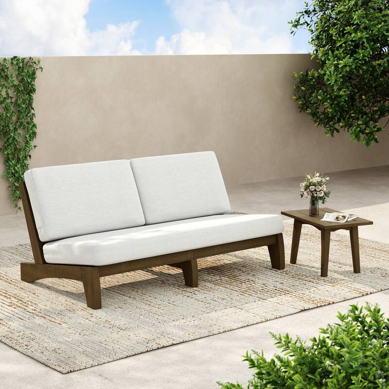3-Seat Outdoor Sofa Set with Solid Wood Coffee Table, Weather-Resistant Cushions - Beige/Side Table - Brown Wood
