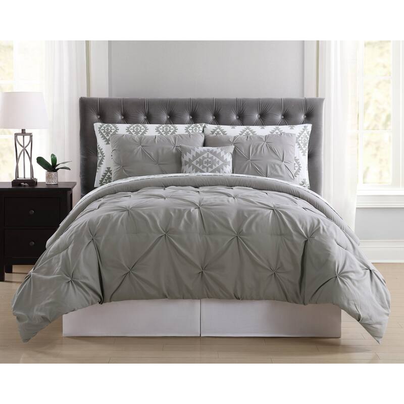 Truly Soft Pinch Pleat 8 Piece Bed in a Bag with Kilim Printed Sheets - Grey - Twin - 6 Piece