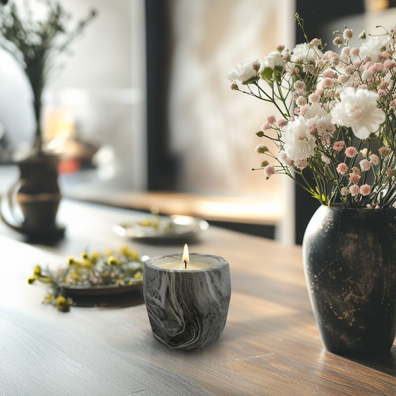 Gray and White Marbled Ceramic Candle Jar with Light Floral Scent 11oz