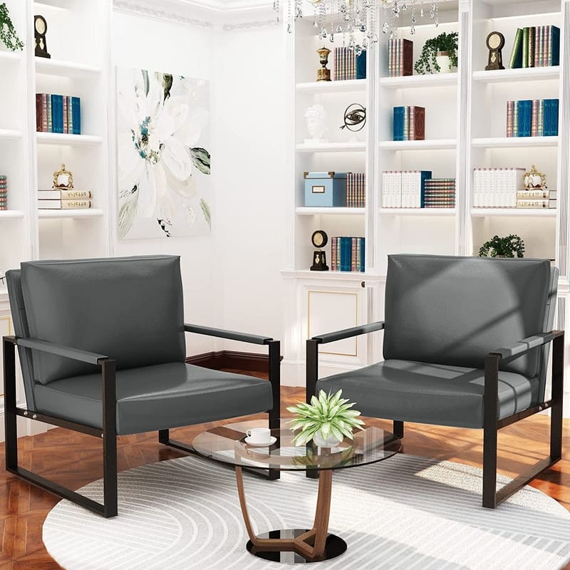 Eureka Modern Vintage Upholstered PU Leather Armchairs, Mid Century Accent Chairs with Steel Frame, Leisure Chairs (Set of 2)