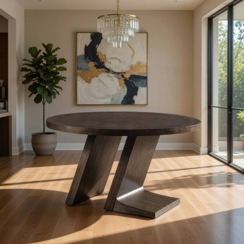 Hols Dining Table, 54 Inch Espresso Brown Wood Top, Angled Pedestal Legs - Espresso Brown