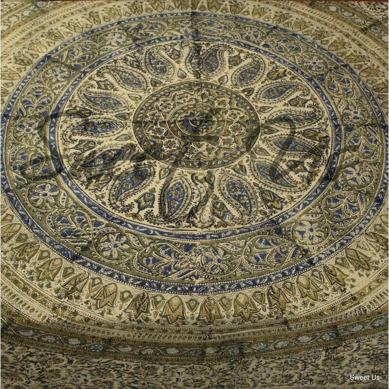 Block Print Kalamkari Paisley Floral Tablecloth Rectangle Blue Green Red Beige - 70 x 104 inches