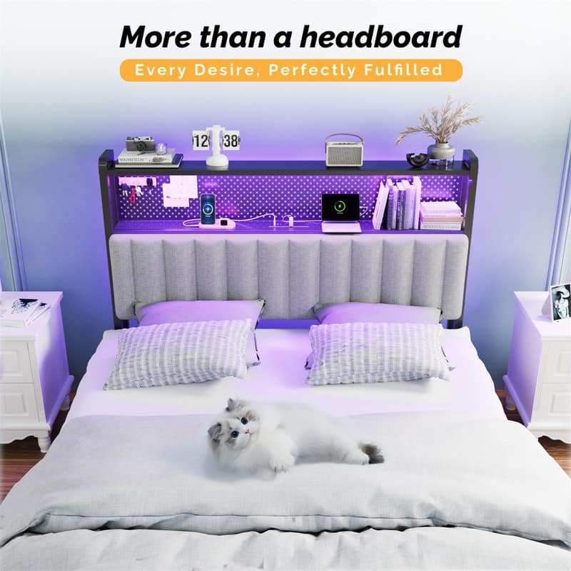 Adjustable Upholstered Headboard with 2 Tier Shelves with Charging Stations and LED Lights, Modern Bed Headboard with Storage