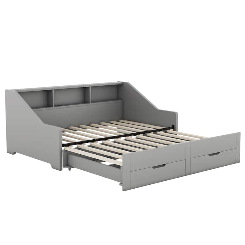 Twin to King Size Daybed Frame with Storage Bookcases and 2 Drawers,Charging Design, White
